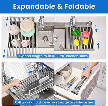 Roll Up Dish Drying Rack, Adjustable Over Sink Dish Drying Rack for Kitchen, 10"-20" Foldable Sink Rack to Dry Dishes & Drain Items, Stainless Steel Over Sink Cover Drying Mat