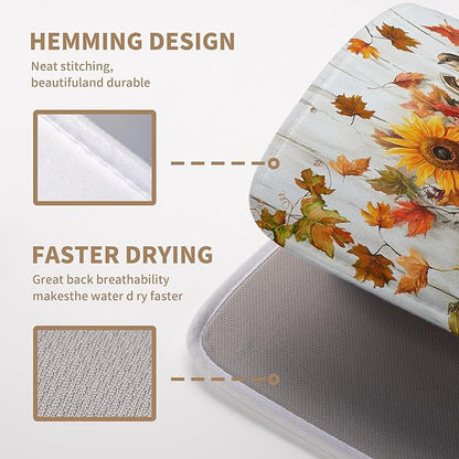 Wnoesat Fall Dish Drying Mat for Kitchen Counter Pumpkin Sunflower Maple Leaf Birds Drying Mats Autumn Thanksgiving Harvest Dish Drainer Mat Absorbent Microfiber Dishes Pad Large 18x24 Inch