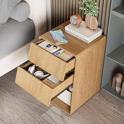 Small Nightstand Set of 2, Boho Bedside Table, Wooden Night Stand with Storage, Mid Century Modern Bed Side Table, Wood End Table with Slanted 2 Drawers, Bedroom, Natural, Oak