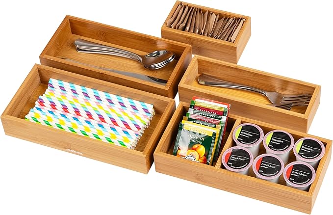 Mind Reader 5-Piece Bamboo Drawer Organizer Set, Stackable Storage Trays for Kitchen, Bathroom, Office, Makeup & Jewelry, Rayon from Bamboo, Brown