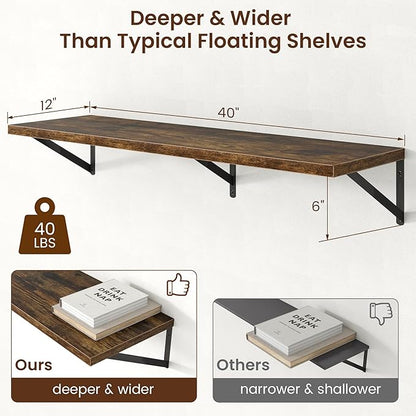 Axeman Deep Floating Shelves - 40 Inch Floating Shelves Set of 2-12 Inch Deep Brown Wood Wall Shelves for Living Room Bathroom Kitchen