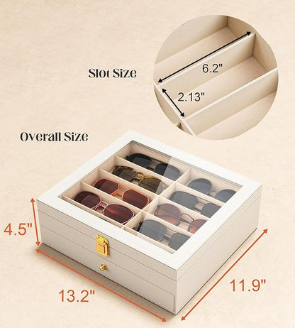 sensok Sunglasses Organizer Storage Box - 20 Slots Eyeglass Display Case for Multiple Pair Glasses, 2-Layer Holder with Clear Glass Lid, Jewelry and Watch Collection Box for Women and Men, White