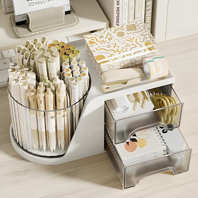 360 Degree Rotating Pencil Pen Holder for Desk , Cute Desk Pen Organizers Desktop Storage Stationery Supplies Cup Pot for Office School Home Art Supply Accessories Caddy Makeup Brush Holder White
