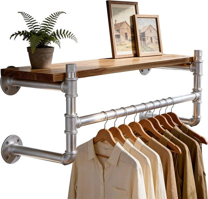 WEBI Wall Mounted Clothes Rack with Shelf,30" Industrial Pipe Clothing Rack with Shelf with Hanging Rod,Heavy Duty Iron Garment Rack Bar,Retail Display Clothes Rod for Laundry Room,Closet,Silver