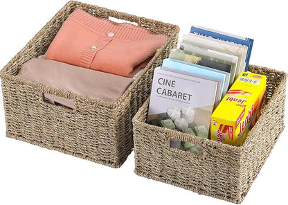 HOONEX Large Wicker Baskets for Storage, Seagrass Baskets with Dual Handles, Woven Set of 2, Natural