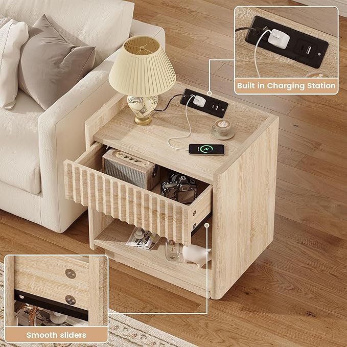 Bigbiglife Fluted Nightstand Set of 2 with Charging Station, 22" Modern Side Table with Drawer End Table with Open Storage, Bedside Table for Bedroom, Living Room, Natural Oak (2, Natural Oak)
