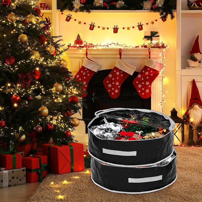 4 Pcs Christmas Wreath Storage Bag, Christmas Garland Storage Container with Clear Window, Zipper & Handle for Xmas Holiday Seasonal Wreath Garland Box(Black,30")