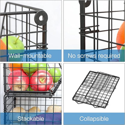 X-cosrack 3-Tier Stackable Wire Baskets for Pantry Organization and Storage, Kitchen Counter Basket for Potato Onion Storage, Fruit and Vegetable Storage Basket, Metal Baskets for Snack Produce Cans