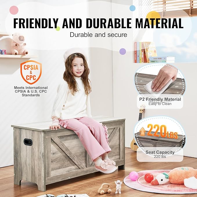 VEVOR Wooden Toy Chest for Kids, Toddler Toy Storage Box with Flip-Top Lid and Safety Hinge, 38.98 x 15.55 x 18.9 Large Kids Storage Bench for Playroom, Bedroom, Living Room or Entryway, Gray