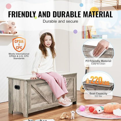 VEVOR Wooden Toy Chest for Kids, Toddler Toy Storage Box with Flip-Top Lid and Safety Hinge, 38.98 x 15.55 x 18.9 Large Kids Storage Bench for Playroom, Bedroom, Living Room or Entryway, Gray