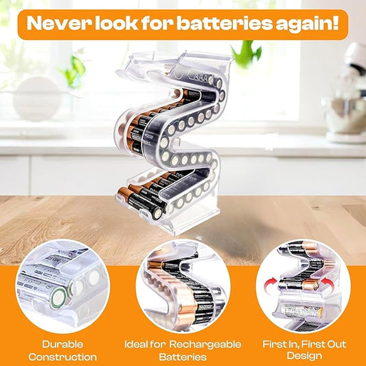 Battery Ladder Organizer Case for AAA Batteries - Stackable or Mounted Vertical Storage Battery Dispenser for Home, Garage, & Workshop (1-Pack, Holds 28 AAA Batteries)