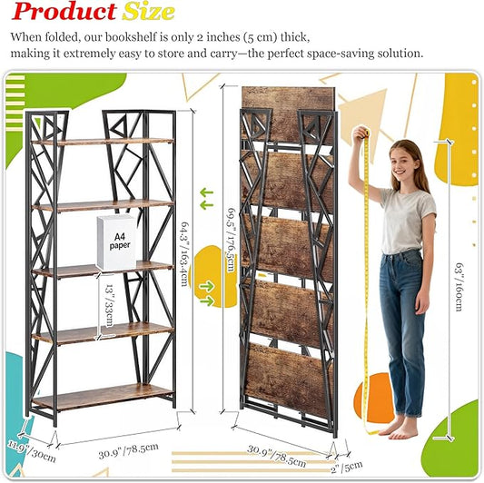 UDD No Assembly Wide Folding Bookshelf, 64.3" H x 30.9" W, 5 Tier Foldable Book Shelf Industrial Bookcase, Vintage Collapsible Storage Shelves for Home Office Living Room Bedroom, Rustic Brown Black
