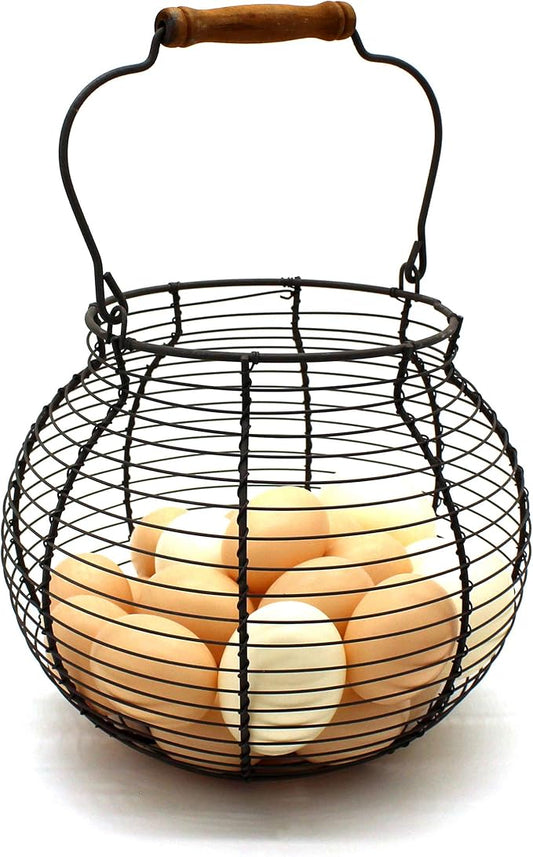 CVHOMEDECO. Antique Wire Egg Basket with Wood Handle Primitives Vintage Gathering Basket. Rusty