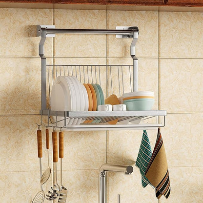 TQVAI Over Sink Dish Drainer Drying Rack, Stainless Steel Foldable Wall Mounted Dish Racks with Drainboard Hanging Rod and Sponge Holder, Silver