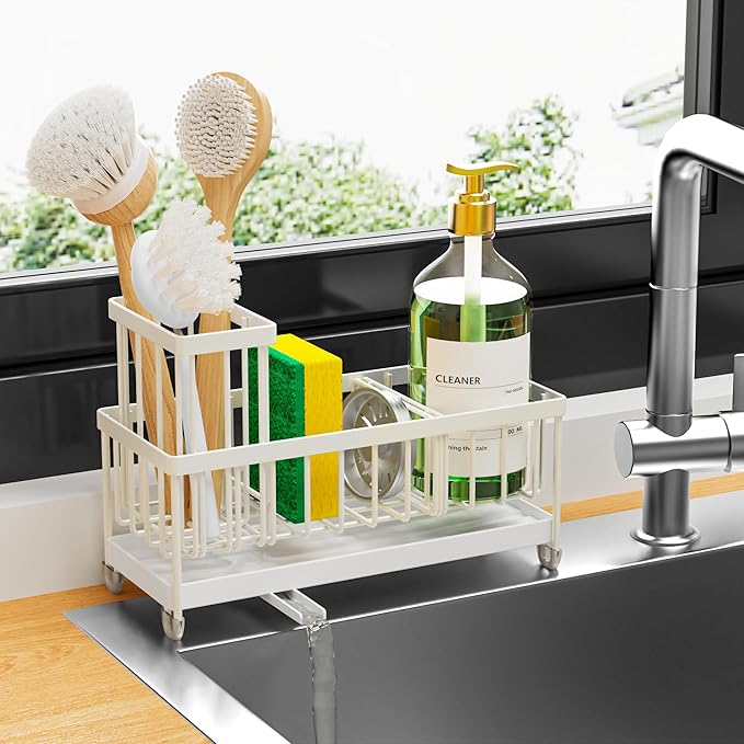 Cisily Cream Sponge Holder for Kitchen Sink, Sink Caddy Organizer with High Brush Holder, Kitchen Countertop Organizers and Storage Essentials, Rustproof 304 Stainless Steel, Soap Dispenser Organize