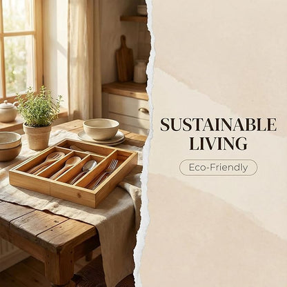 Bamboo Drawer Organizer - Expandable Kitchen Utensil Holder, Adjustable Silverware Drawer Organization, Kitchen Wooden Tray for Cutlery, Flatware & Stationery, 5-7 Slots (Natural)