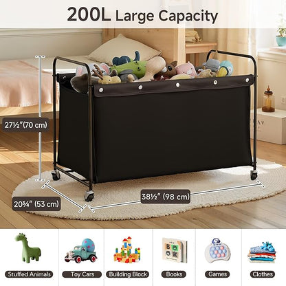 StorageWorks Toy Chest Storage with Wheels, Extra Large Kids Toy Box, Toy Storage Organizer, Metal Toybox for Bedroom, Living Room Area, Kids Room, 200L, Black