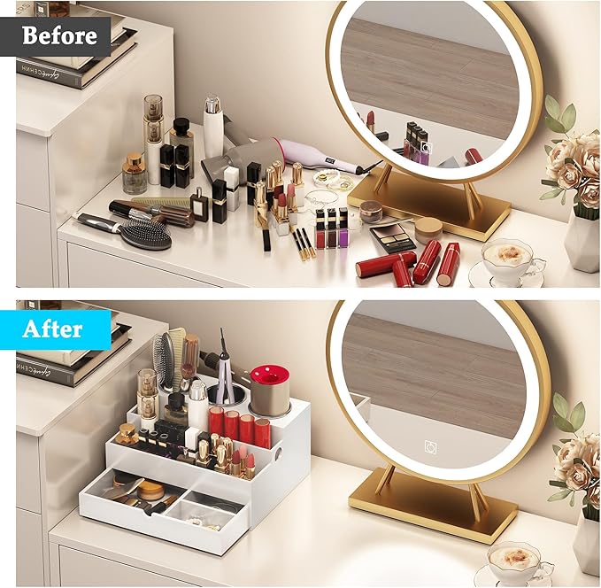QooWare Hair Tool Organizer, Wood Hair Dryer Holder with Drawer & 3 Stainless Steel Cups, Versatile Bathroom Vanity Storage for Hair Styling Tools, Hot Tools, Brushes and Cosmetics - White