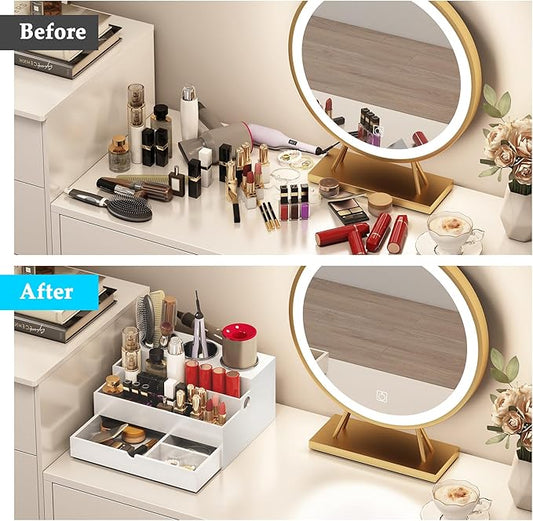 QooWare Hair Tool Organizer, Wood Hair Dryer Holder with Drawer & 3 Stainless Steel Cups, Versatile Bathroom Vanity Storage for Hair Styling Tools, Hot Tools, Brushes and Cosmetics - White