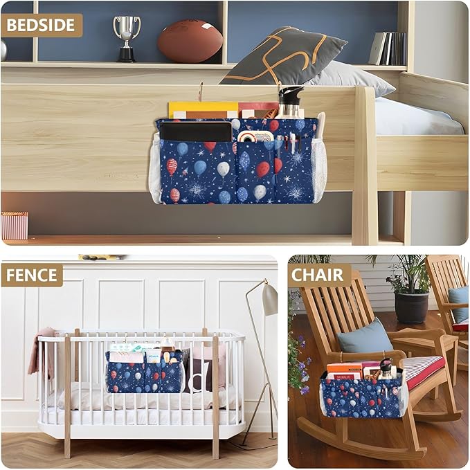 CuwrYet Bedside Caddy Hanging Bunk Bed Caddy Bed Organizer Hanging Pocket with 2 Hooks Bedside Storage Organizer Pocket Bag Holder Navy Blue Patriotic Balloons Fireworks