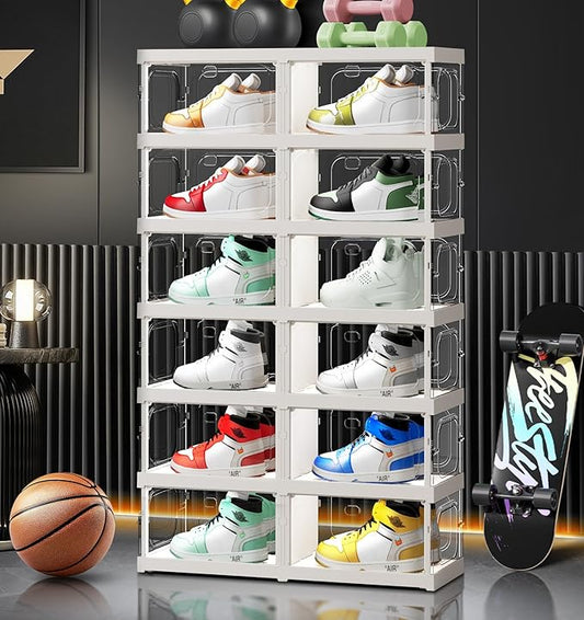 CIMLORD 6-Tier 12-Pairs Foldable Shoe Rack with Magnetic Doors,4-Sided Clear Design,Taller Storage for High Shoes & Sneakers,Stackable Shoe Storage Cabinet Space-Saving Organizer for Closet,Cloakroom
