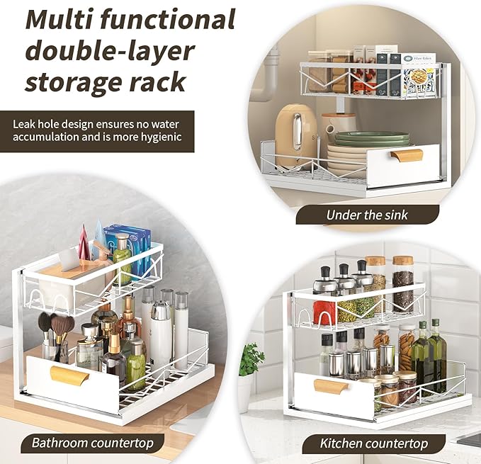 Under Sink Organizer - 2 Tier Pull Out Cabinet Organizer with Sliding Drawers, Adjustable Metal Storage Shelf for Kitchen & Bathroom, Space Saving Storage Solution (White, 1-Pack)