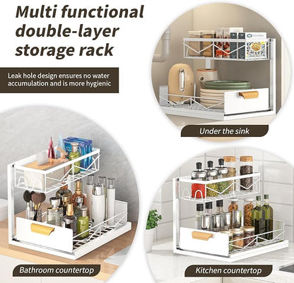 Under Sink Organizer - 2 Tier Pull Out Cabinet Organizer with Sliding Drawers, Adjustable Metal Storage Shelf for Kitchen & Bathroom, Space Saving Storage Solution (White, 1-Pack)