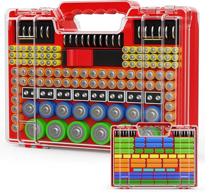 Battery Organizer Storage Holder Box Case with Tester, Stores & Protects Up to 260 Batteries, Double-Sided, Clear Locking Lid, Secure Latches & Portable Carrying Handle - Red (Batteries Not Included)
