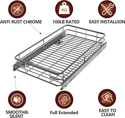 Pull Out Cabinet Organizer (22" W x 21" D), Slide Out Shelves for Kitchen Cabinets, Pull Out Drawers Heavy-Duty Metal Rolling Shelf, Chrome Finish
