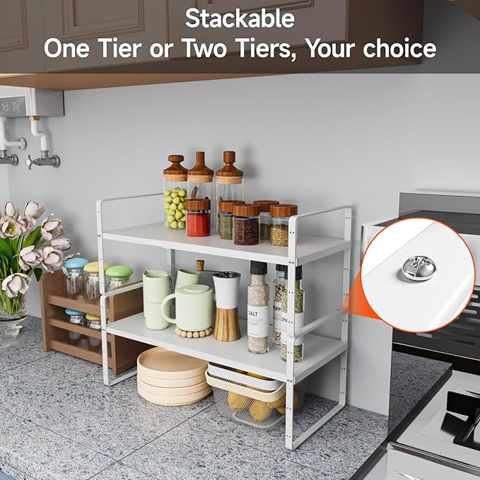 16.5-27’’L Expandable Cabinet Countertop Shelf Organizer, Stackable Metal Shelves, Kitchen Organizers and Storage, White Storage Spice Rack for Pantry and Cupboard