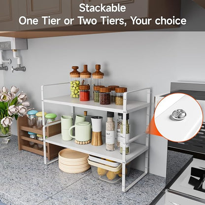 16.5-27’’L Expandable Cabinet Countertop Shelf Organizer, Stackable Metal Shelves, Kitchen Organizers and Storage, White Storage Spice Rack for Pantry and Cupboard