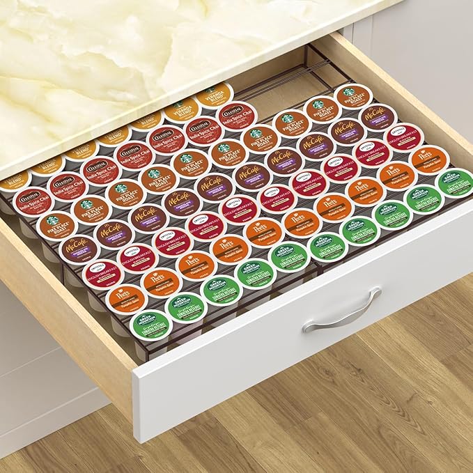 Coffee Pod Holder Drawer, Expandable K Cup Holder Compatible with Keurig K-Cup, K Cup Drawer Organizer Hold 30-60 Coffee Pod Storage for Coffee Station Office and Kitchen, Bronze