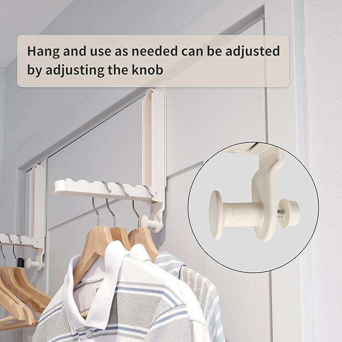 RFOUO Over The Door Hooks Hanger Fit Door up to 1 3/4" Optimal 2pc,Over The Door Hanger with Retractable Rod,Foldable Over The Door Drying Rack for Laundry Bathroom Bedroom (Milky White, 2 Pack)