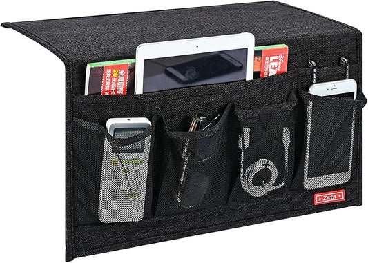 Zafit Linen 6 Pockets Bedside Caddy, Bedside Storage Organizer for Magazine, Remotes, Phone (Black)