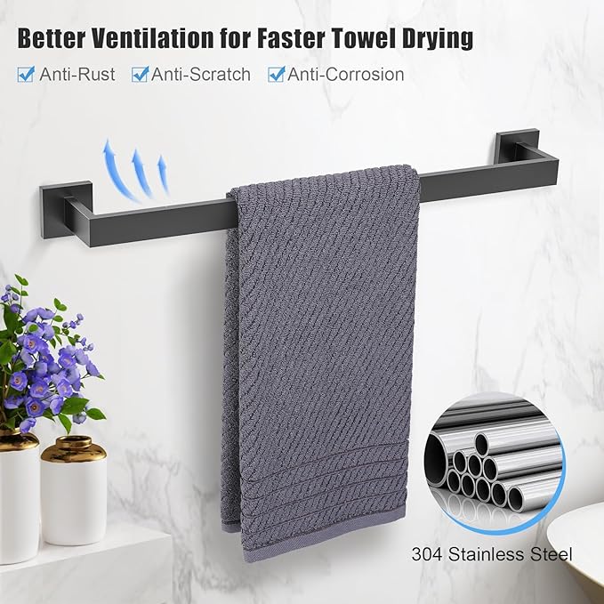 TURS 10-Piece Bathroom Hardware Accessories Set Matte Black Towel Bar Holder Set SUS304 Stainless Steel Towel Racks for Bathroom Wall Mounted, 23.6-Inch