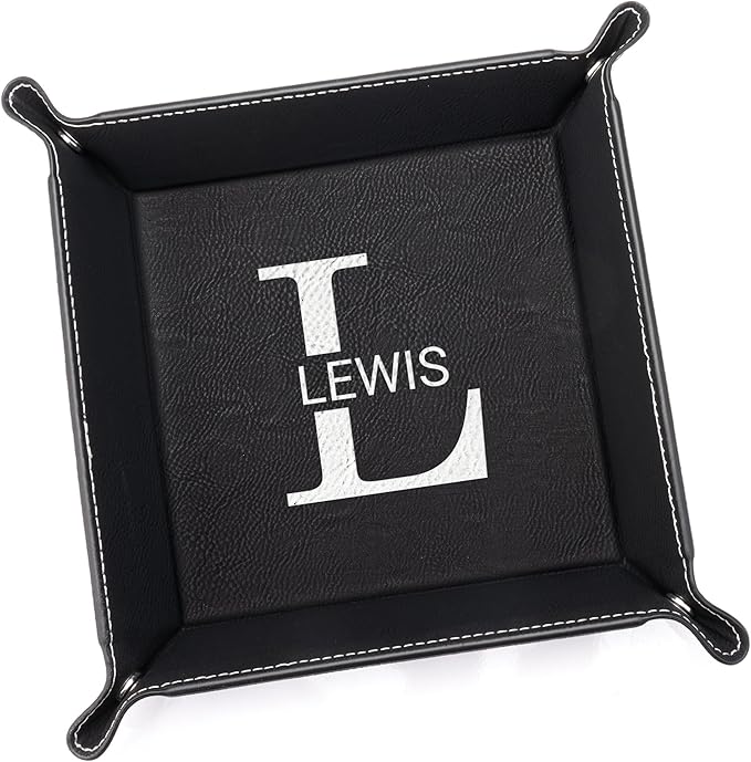 Lifetime Creations Personalized Valet Tray with Last Name and Initial (Black) - Vegan Leather Catchall, Monogrammed, Organizer, Groomsmen Gift