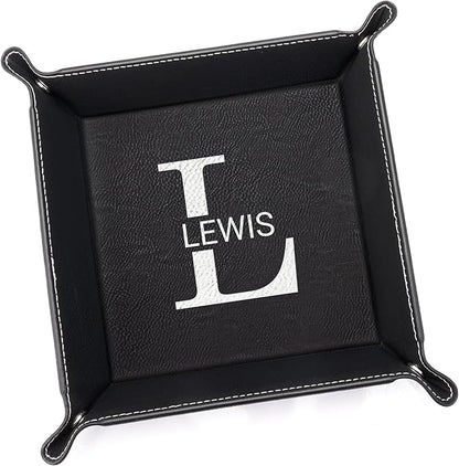 Lifetime Creations Personalized Valet Tray with Last Name and Initial (Black) - Vegan Leather Catchall, Monogrammed, Organizer, Groomsmen Gift
