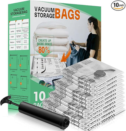 10 Pack Vacuum Storage Bags, Space Saver Bags, Compression for Comforters and Blankets, Sealer Clothes Storage with Hand Pump. (2J/2L/3M/3S)