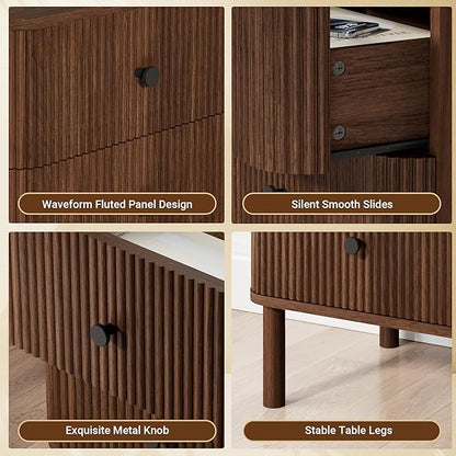 FavourLife Night Stand Set of 2 with Charging Station, 18" Fluted Nightstand with Rounded Corners & Solid Wood Legs, 2 Drawers End Table, Mid Century Modern Bedside Table for Bedroom, Walnut
