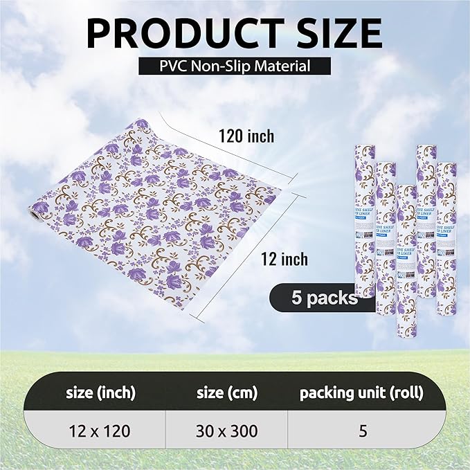12X120 Inch Shelf Liner for Kitchen Cabinets, PVC Drawer Liner for Dresser Non-Slip Bathroom, Non-Adhesive Cabinet Liner Washable (Purple Floral)(5 Roll)