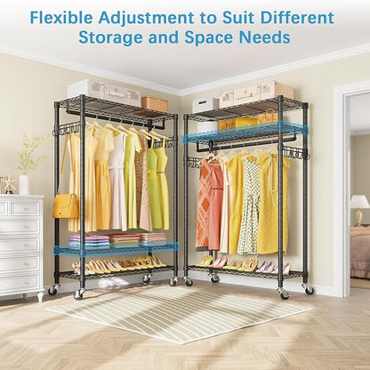 VIPEK R3 Plus Rolling Clothes Rack with Locking Wheels, Portable Closet for Hanging Clothes Heavy Duty Garment Rack with Adjustable Shelves and Side Hooks, Metal Wardrobe for Home Storage, Black
