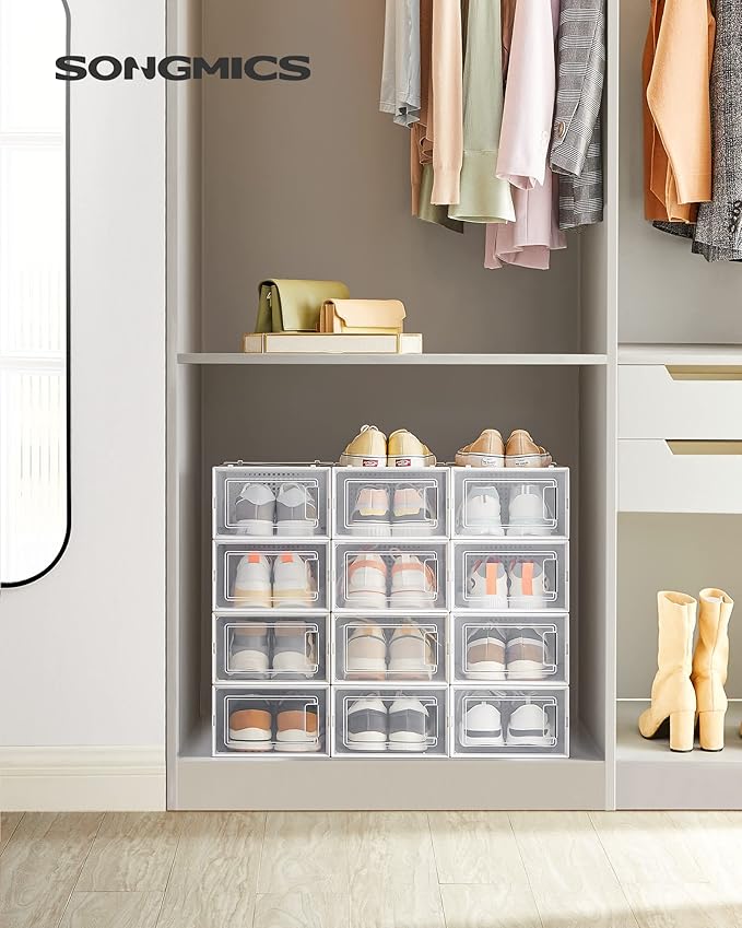 SONGMICS Shoe Boxes, Pack of 24 Shoe Storage Organizers, Stackable Clear Plastic Boxes for Closet, Sneakers, 13.1 x 9.1 x 5.6 Inches, Transparent and White ULSP906W12