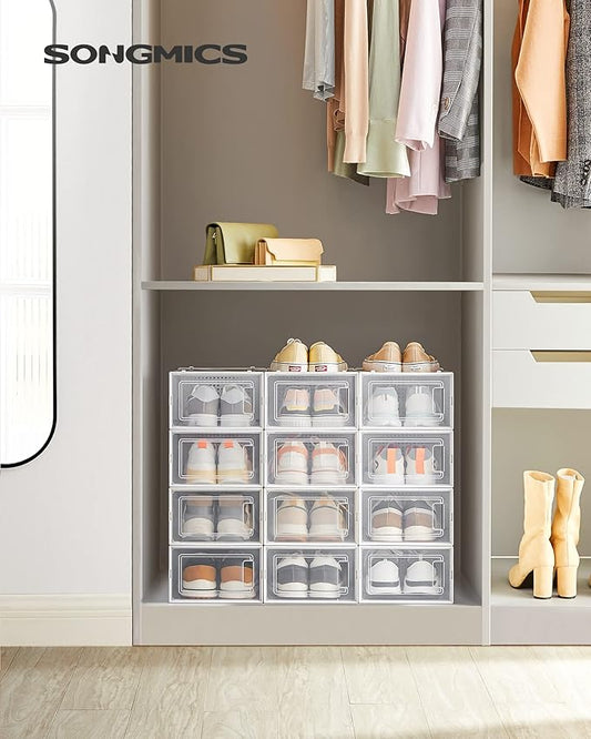 SONGMICS Shoe Boxes, Pack of 24 Shoe Storage Organizers, Stackable Clear Plastic Boxes for Closet, Sneakers, 13.1 x 9.1 x 5.6 Inches, Transparent and White ULSP906W12