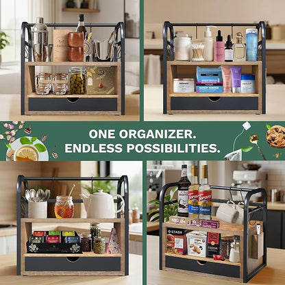 Coffee Bar Organizer for Countertop – 3-Tier Wood & Metal Shelf with Chalkboard Drawer, 6 Removable Mug Hooks, Side Caddy, Magnetic Stickers, Handle, Non-Slip Feet – Coffee & Tea Station