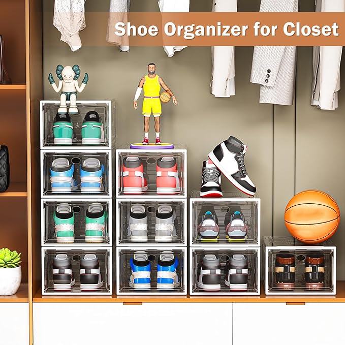 caktraie 6 Pack Thicken Shoe Organizer Stackable,Upgraded Sturdy Shoe Storage Box with Magnetic Door,Shoe Containers for Sneaker Display,White