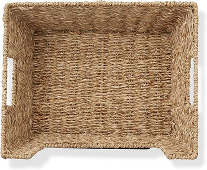 Casafield Set of 2 Seagrass Pantry Baskets with Handles, Chalkboard Labels and Marker - Natural, Wide Woven Storage Bin Organizers for Kitchen Shelves