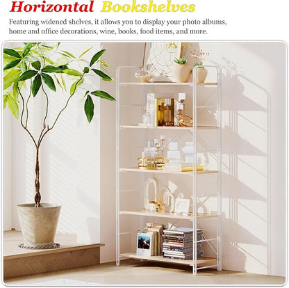 UDD Folding Bookshelf No Assembly, 54.1" H x 23.7" W, 5 Shelf Foldable Bookcase Industrial Collapsible Bookshelves, Open Storage Book Shelves for Small Spaces Home Office Living Room, Light Oak White