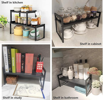2 Pack Expandable Cabinet Shelf Organizer 16-26" L Stackable Kitchen Counter Shelves Rack Stand Sink Riser Countertop Storage Black (Normal 7.9”D)