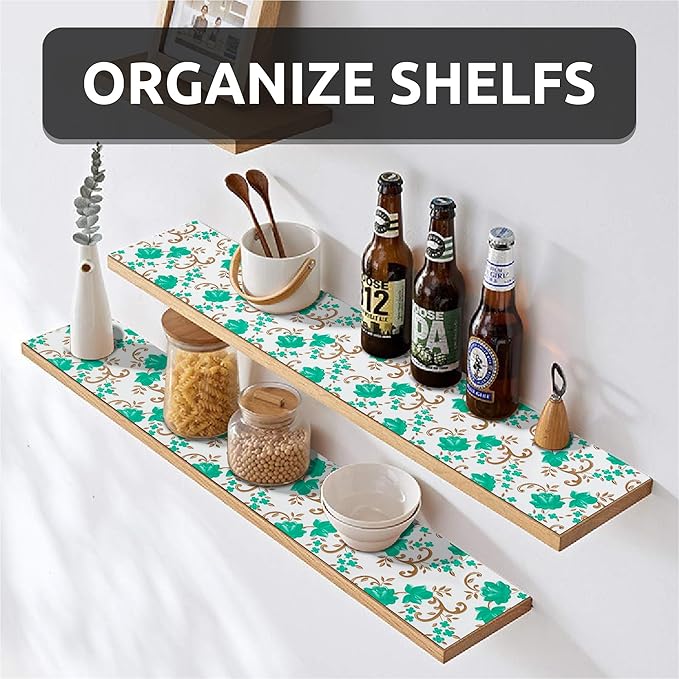 18X96 Inch Shelf Liner for Kitchen Cabinets, PVC Drawer Liner for Dresser Non-Slip Bathroom, Non-Adhesive Cabinet Liner Washable (Green Floral)(2 Roll)