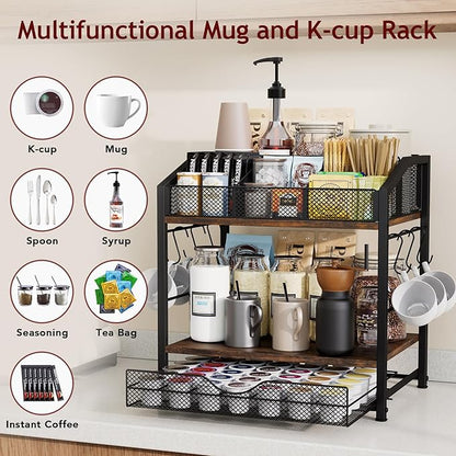 Coffee Bar Organizer - Countertop Coffee Station, 42 K Cup holder Storage Basket with Drawer and Hooks for Syrup, Cups, Stirrer, Condiment, Tea Organizer, Black and Brown